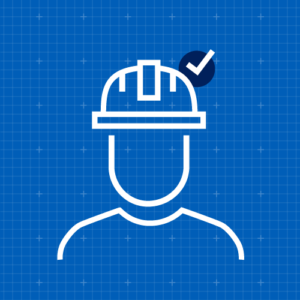 Icon of construction worker with a hard hat on a blue background