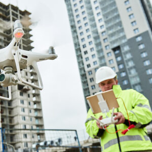A worker pilots a drone at a construction job site in a city.