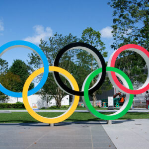 Olympic ring statue in a park
