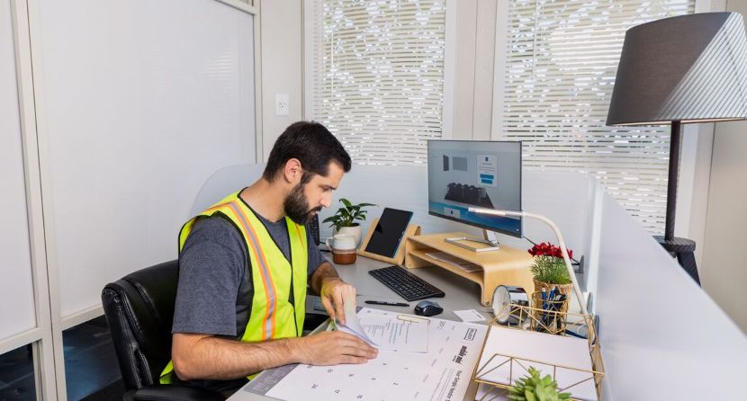 Male with beard wearing a fluorescent safety vest working at a desk